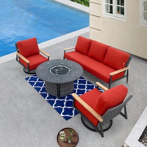 Manbo 4-Piece Wicker Patio Fire Pit Seating Set with Sunbrella Canvas Terracotta Cushions and Round Fire Pit Table
