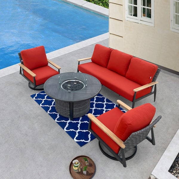 HiGreen Outdoor Manbo 4-Piece Wicker Patio Fire Pit Seating Set with Sunbrella Canvas Terracotta Cushions and Round Fire Pit Table
