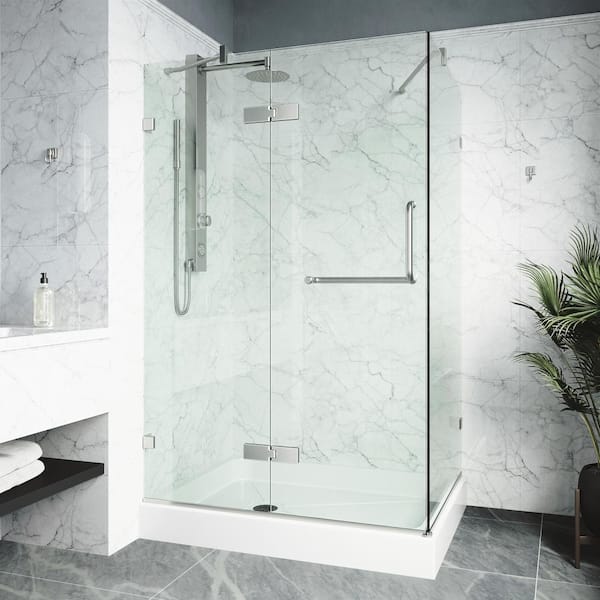 VIGO Monteray 32 in. L x 48 in. W x 79 in. H Frameless Pivot Shower Enclosure Kit in Brushed Nickel with 3/8 in. Clear Glass