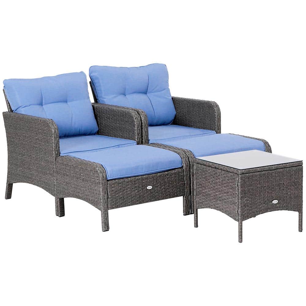 Outsunny Grey 5-Pieces Rattan Wicker Lounge Chair Outdoor Patio Conversation Set with 2 Blue Cushions -  860-066V02GY