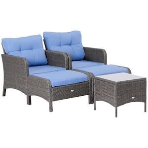 Grey 5-Pieces Rattan Wicker Lounge Chair Outdoor Patio Conversation Set with 2 Blue Cushions