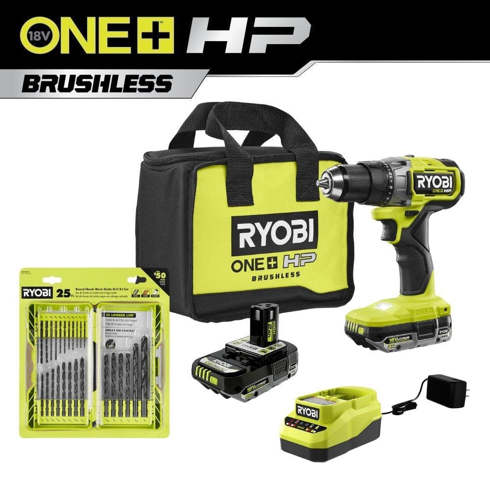 RYOBI ONE+ HP 18V Brushless Cordless 1/2 Kit w/ (2) Batteries, & 25-Piece Black Oxide Drill Bit Set - The Home Depot