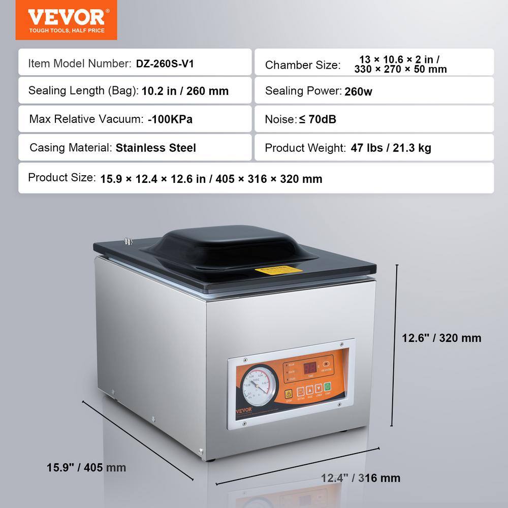 Compact Silver Stainless Steel Chamber Vacuum Sealer with 10.2" Sealing Length