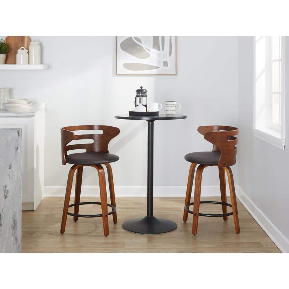 Walnut and Black Swivel Counter Stools with Bent Wood Back
