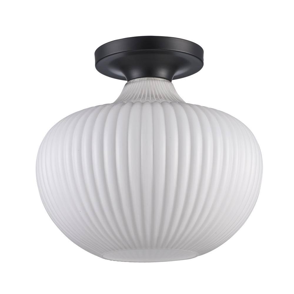 Aristo 12" Black Globe Semi-Flush Ceiling Light with Ribbed Glass Shade