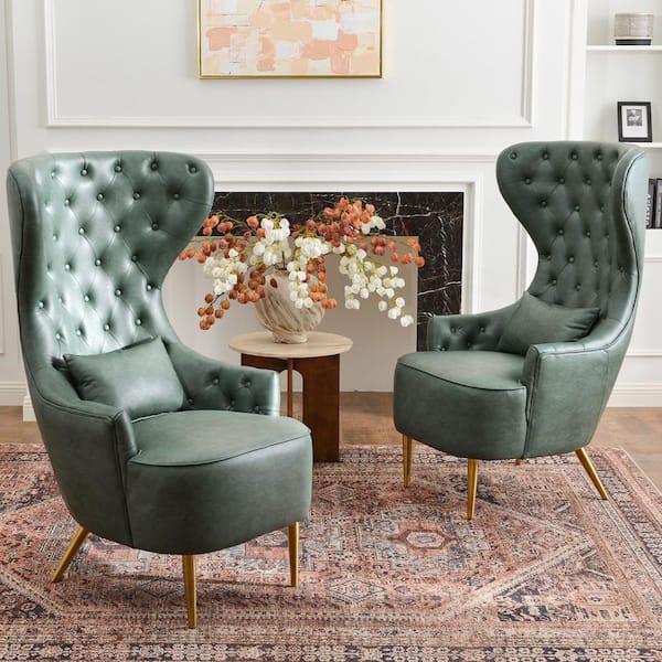 Green Modern Upholstered Tufted Faux Leather Wingback Dining Chair (Set of 2)