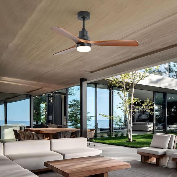 52 in. Modern Indoor/Outdoor Matte Black Standard Downrod Ceiling Fan with Light Wood Blades and Remote Control
