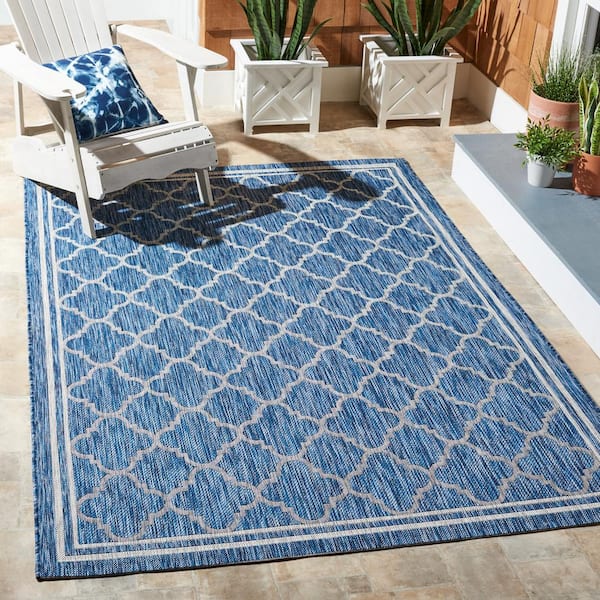 Courtyard Navy/Gray 4 ft. x 6 ft. Border Quatrefoil Indoor/Outdoor Patio  Area Rug