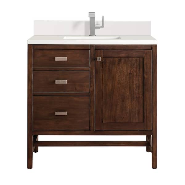 James Martin Vanities Addison 36.0 in. W x 23.5 in. D x 35.5 in. H Single Vanity in Mid-Century Acacia with White Zeus Quartz Top