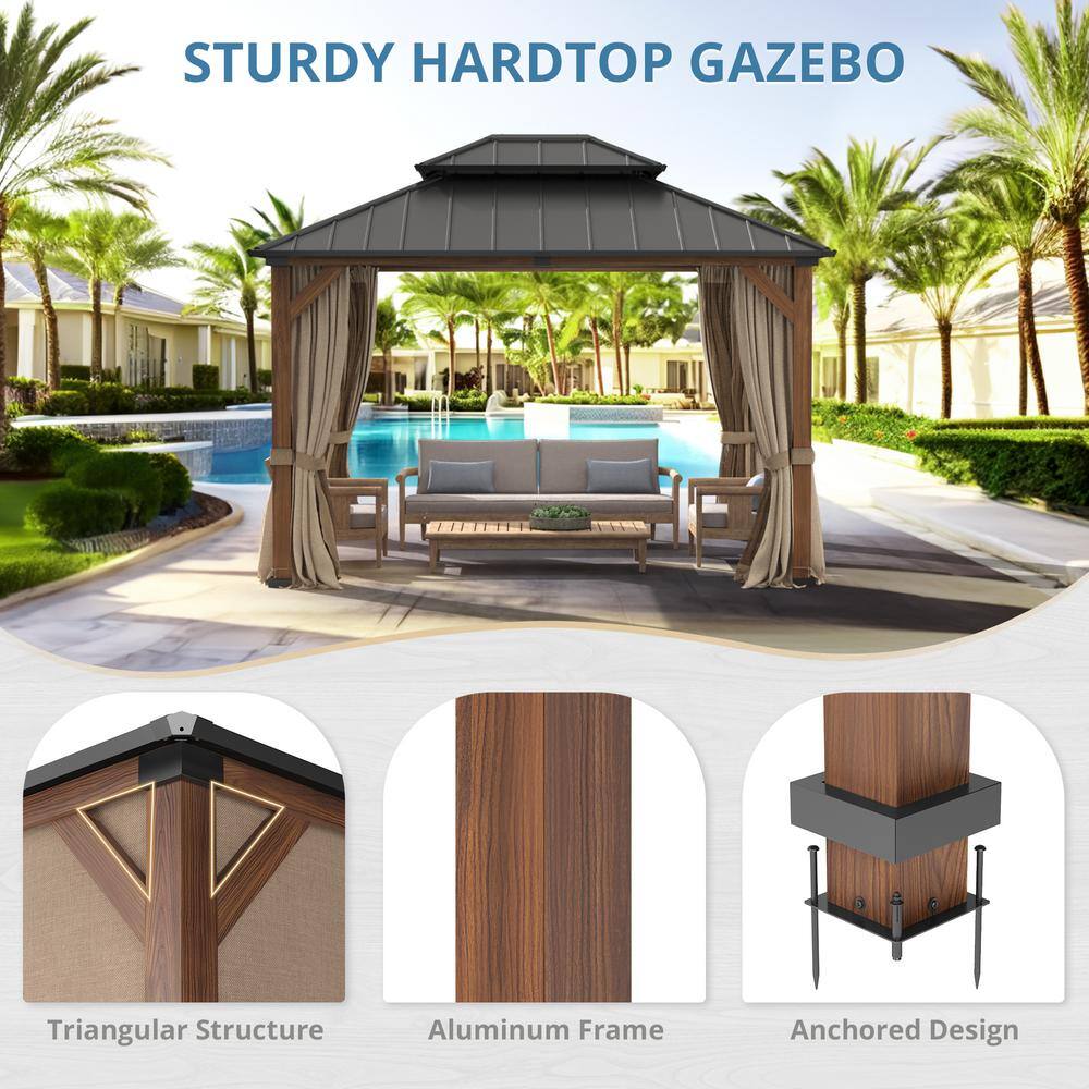 Brown Aluminum Hardtop Gazebo with Curtains and Netting, 10'x12'
