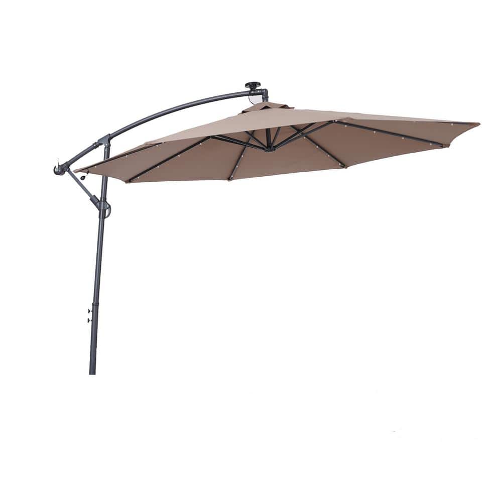 10 ft. Steel Octagon Cantilever Patio Umbrella in Taupe with Solar LED Ligh
