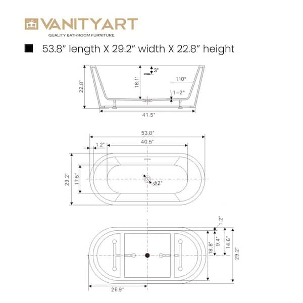 Vanity Art Domme 54 in. Acrylic Flatbottom Freestanding Non-Slip Bathtub in White/Brushed Nickel