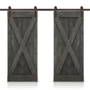 X 92 in. x 84 in. Carbon Gray Stained DIY Solid Pine Wood Interior Double Sliding Barn Door with Hardware Kit