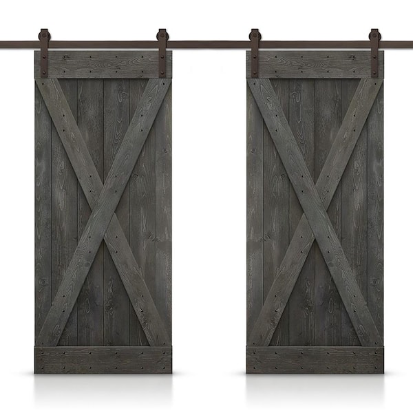 CALHOME X 96 in. x 84 in. Carbon Gray Stained DIY Solid Pine Wood Interior Double Sliding Barn Door with Hardware Kit