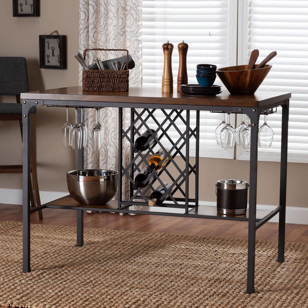 Vintner Industrial Brown and Black Counter Height Pub Table with Wine Cage