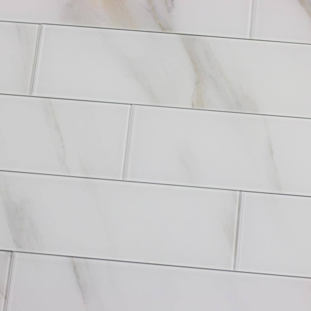 Glossy Calacatta White 4x16 Marble Look Glass Subway Tile