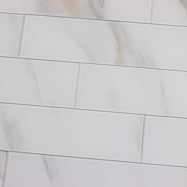 ABOLOS Tuscan Designs Large Format Subway 4 in. x 16 in. Glossy Calacatta White Glass Backsplash Wall Tile (16 Sq. Ft./Case)