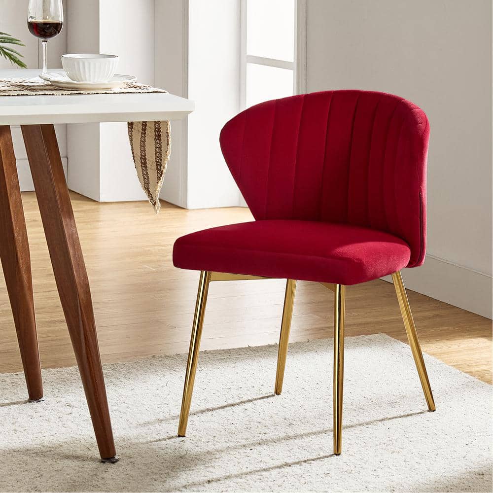 Red Velvet Upholstered Side Chair with Gold Metal Legs