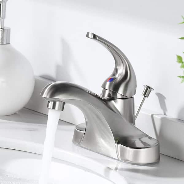 4 in. Centerset Single Handle Low Arc Bathroom Faucet with Drain Kit Included in Brushed Nickel