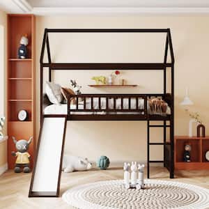 Espresso Twin Loft Bed with Slide and Ladder, House Loft Beds with Roof and Guardrail for Kids, Toddlers, Teens