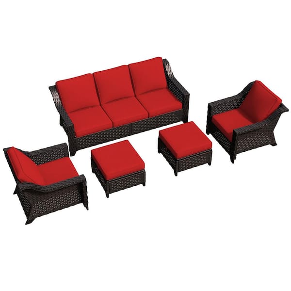 Patio Sofa Set 5-Piece Outdoor Conversation Set with Red Cushions, 2 Ottomans