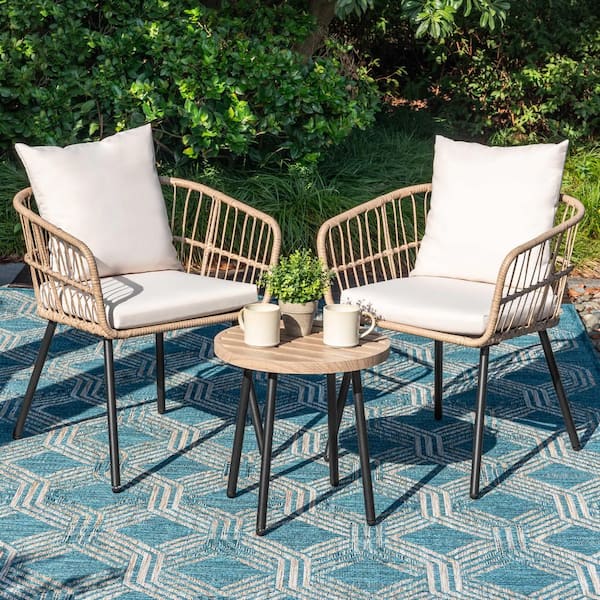 Black 3-Piece Metal and PE Wicker Round Outdoor Bistro Set with Beige Cushions