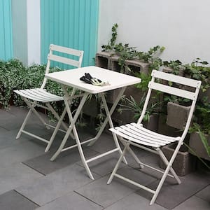 3-Piece Metal Outdoor Bistro Patio Bistro Set of Foldable Square Table and Chairs Coffee Table Set in White
