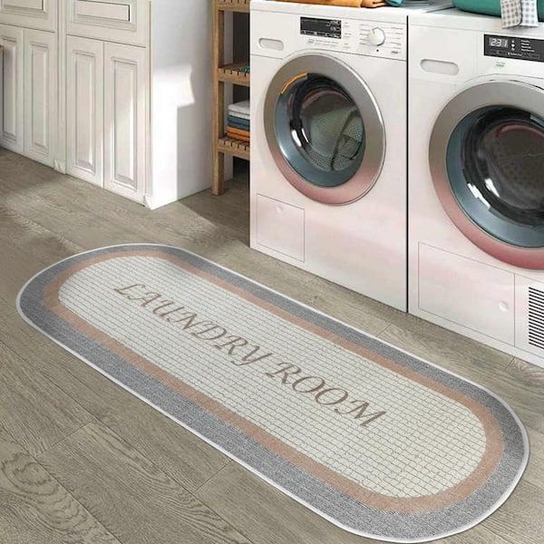 Laundry Room Gray-Brown 1 ft 8 in. x 4 ft 11 in. Cotton Oval Runner Rug