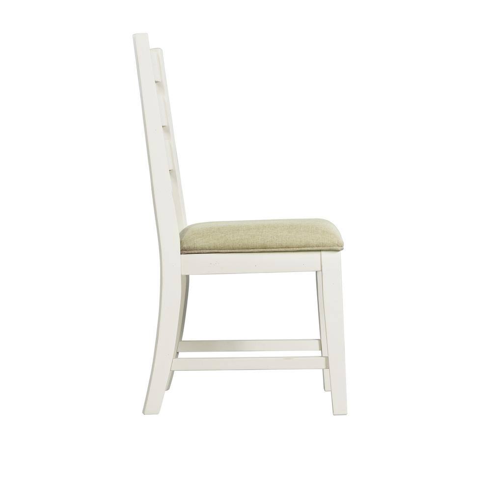 Farmhouse White Linen & Wood Ladder Back Side Chair Set