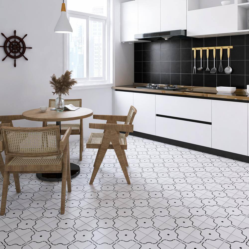 Kenzo 8" x 8" White and Black Porcelain Patterned Tile