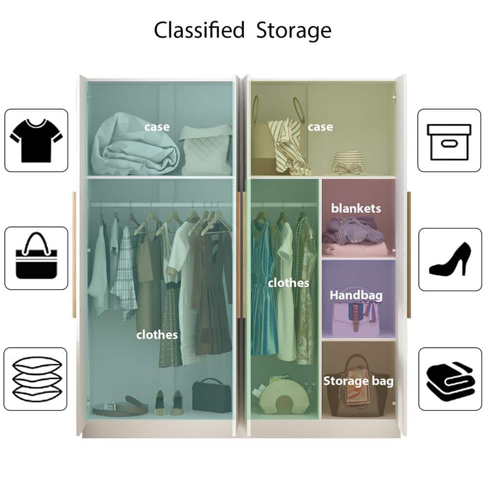 White 4-Door Wardrobe Armoire with Natural Wood Handles
