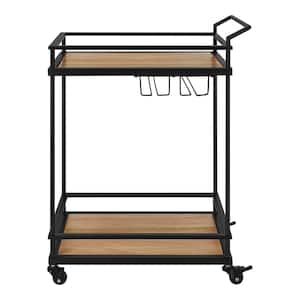 Black Metal Bar Cart with Natural Wood Shelves (26 in. W)