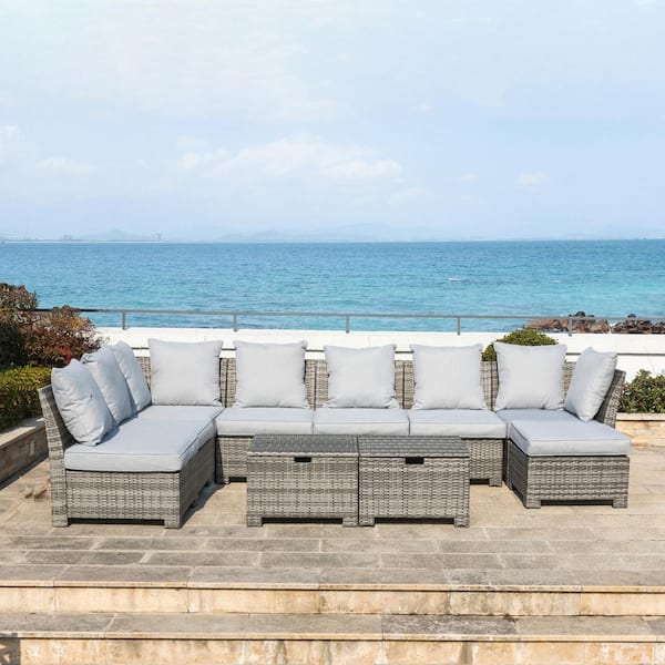Glitzhome 10-Piece Wicker Outdoor Patio Conversation Sofa Set with Gray Cushions and Storage Coffee Table