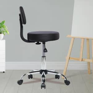 Black Adjustable Drafting Stool with Wheels and Backrest, Faux Leather Space-Saving Rolling Stool