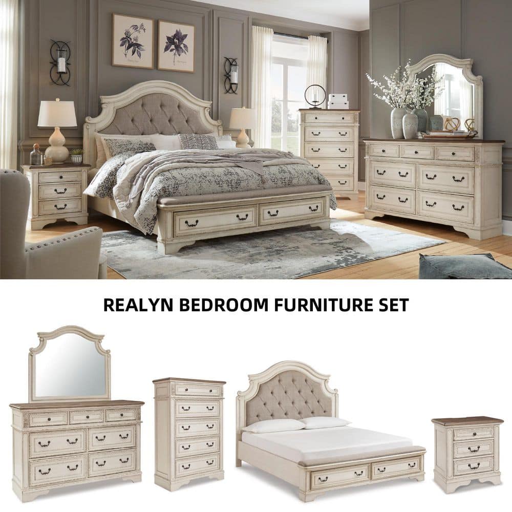 Chipped White & Distressed Wood 3-Drawer Nightstand with USB Ports