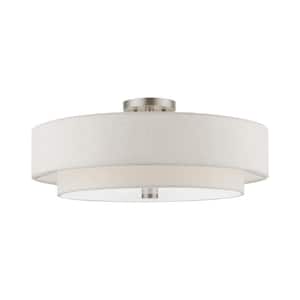 Meridian 22 in. 5-Light Brushed Nickel Semi-Flush Mount with Oatmeal Color Fabric Shades