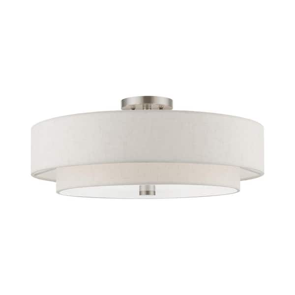 Meridian 22 in. 5-Light Brushed Nickel Semi-Flush Mount with Oatmeal Color Fabric Shades