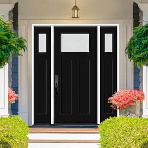 Legacy 64 in. x 80 in. 1/4 Toplite Rain Glass RHIS Primed Black Finish Fiberglass Prehung Front Door w/Dbl 12 in. SL