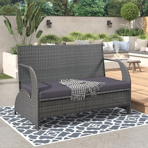 57.1 in. W Grey Wicker Outdoor Loveseat with Gray Cushions Convertible to 4-Seat 1-Table