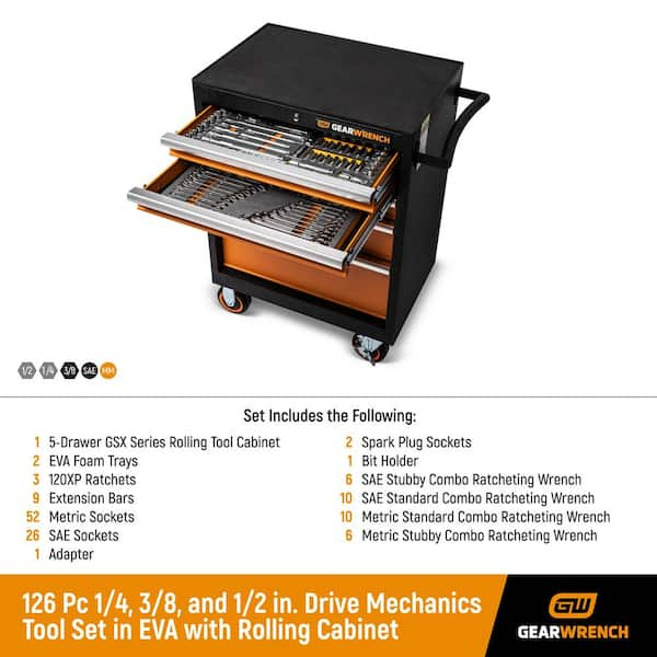 120XP 1/4 in. x 3/8 in., and 1/2 in. Drive Mechanics Tool Set in EVA with 26 in. Rolling Cabinet (126-Pieces)