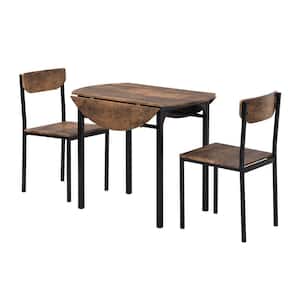 3-Piece Antique Brown Round Drop Leaf Wood Top Table Set Seats 2