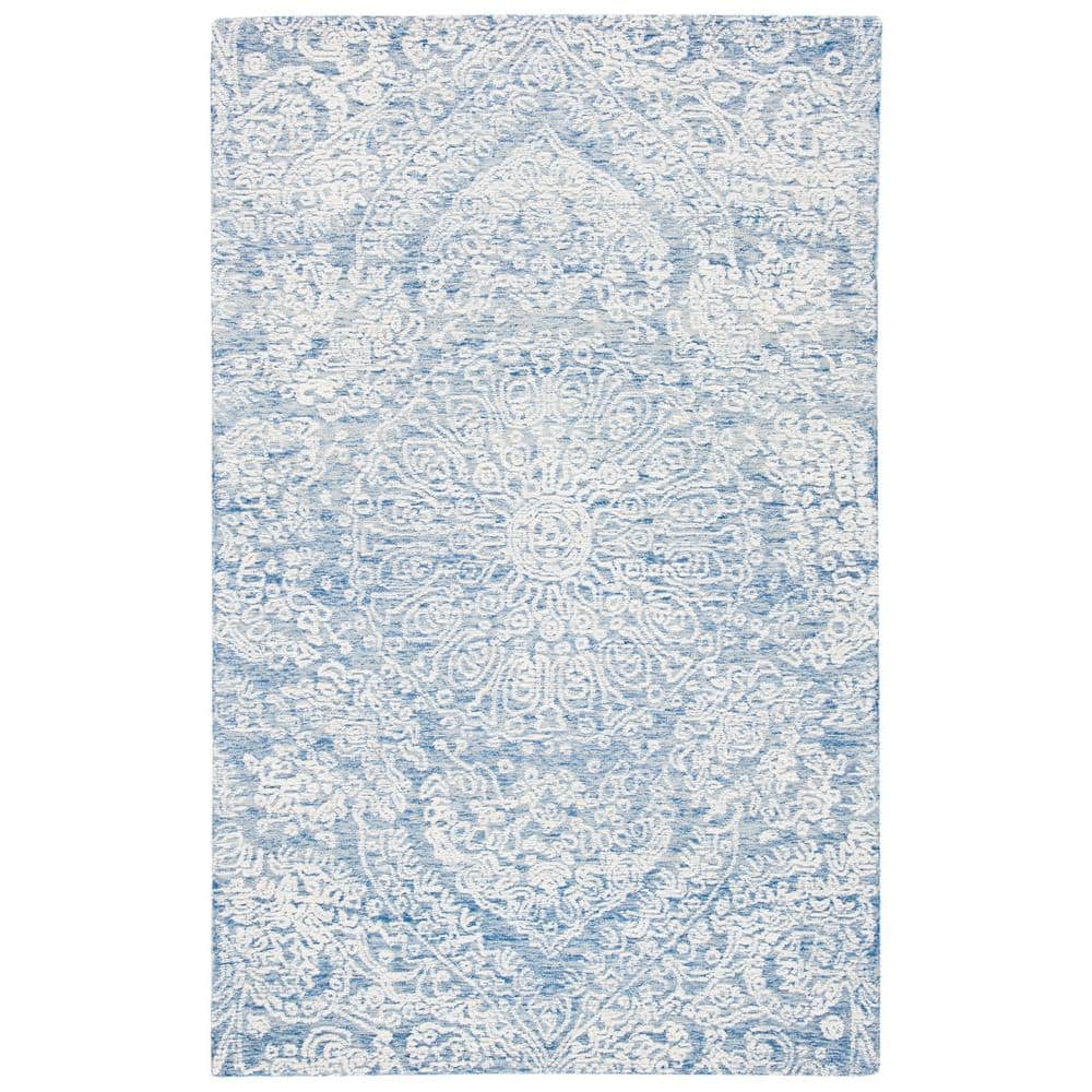 Handmade Blue Floral Wool 4' x 6' Area Rug