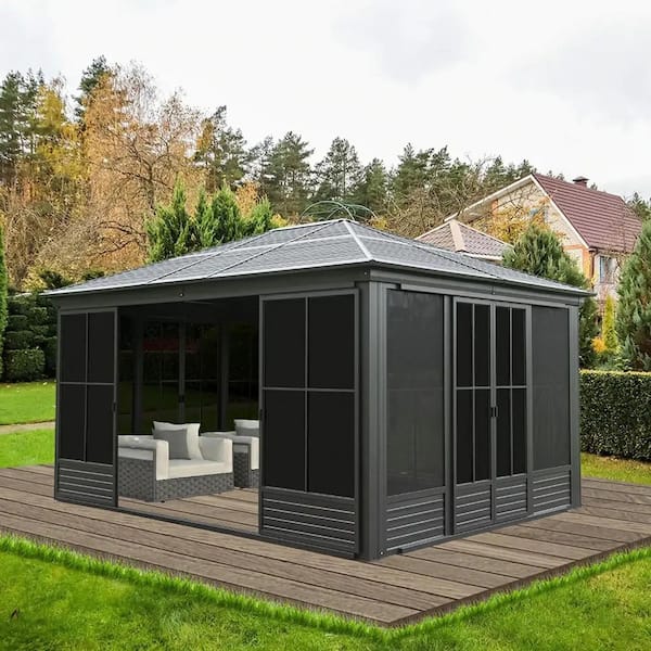 12 ft. x 14 ft. Sunroom, Galvanized Steel Hardtop Enclose Gazebo Sloping Roof with Lockable Door, Moveable PC Screen