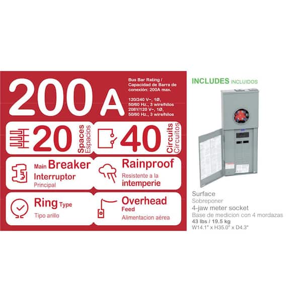 Homeline 200 Amp 20-Space 40-Circuit Outdoor Ring-Type Overhead Service Surface Mount Main Breaker CSED Value Pack