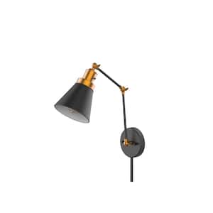 1-Light Black and Gold Plug-In or Hardwired Swing Arm Wall Lamp Wall Lamp with 6 ft. Fabric Cord