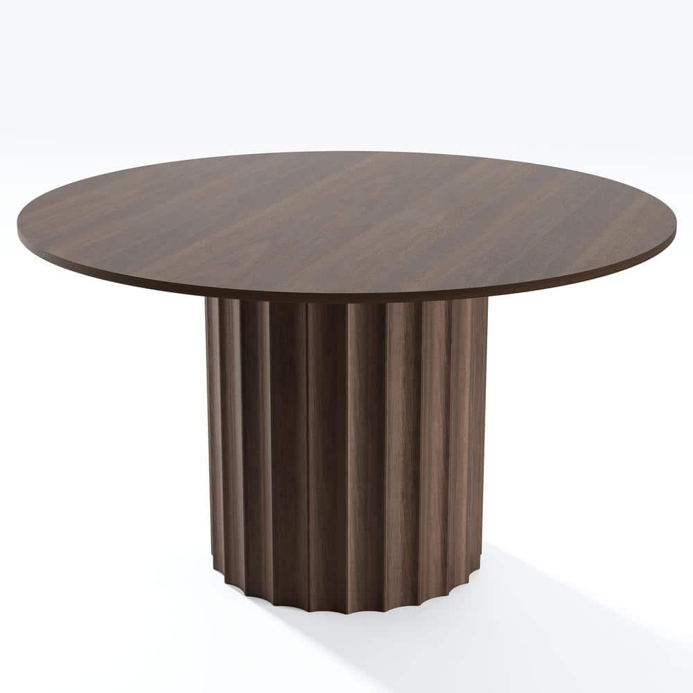 52 in. Wood Walnut Color Column Pedestal Round Kitchen Table Dining Table Seats 4
