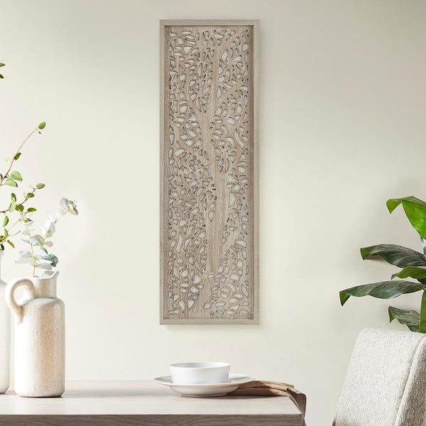 Unbranded 12 in. W x 36 in. H Natural Dimensional Laser Cut Tree Wooden Framed Panel Wall Art Decor for Living Room, Dining Room