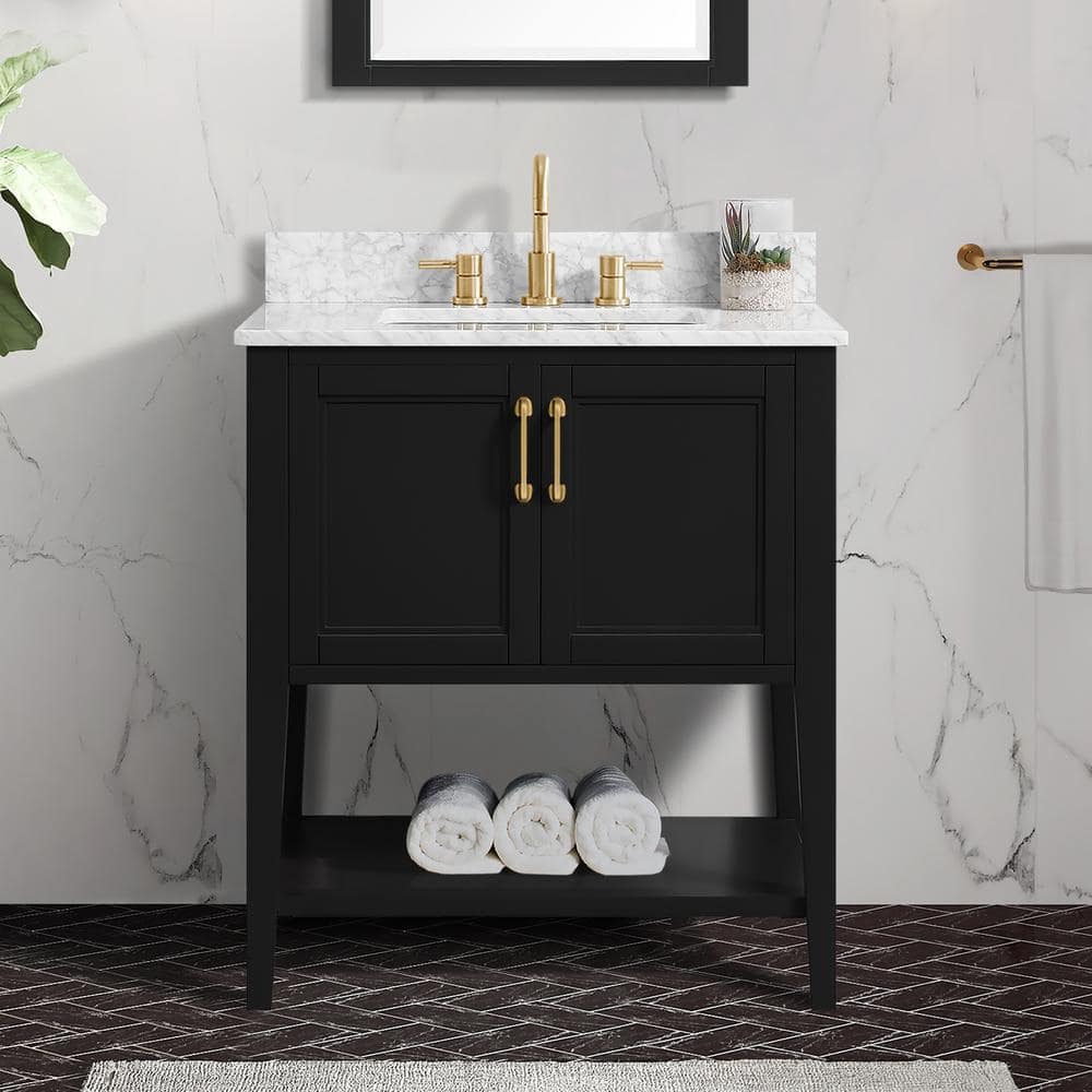 Sherway 31 in W x 22 in D x 35 in H Single Sink Freestanding Bath Vanity in Black With White Carrara Marble Top -  Home Decorators Collection, 19061-VS31-BK