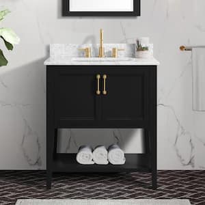 Sherway 31 in W x 22 in D x 35 in H Single Sink Freestanding Bath Vanity in Black With White Carrara Marble Top