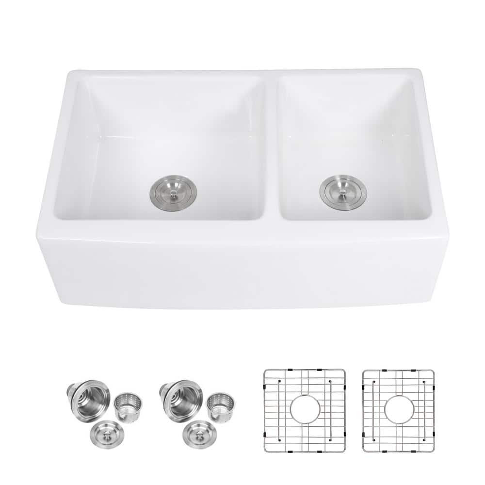 33 in. Farmhouse/Apron-Front Double Bowl Ceramic Workstation Kitchen Sink w